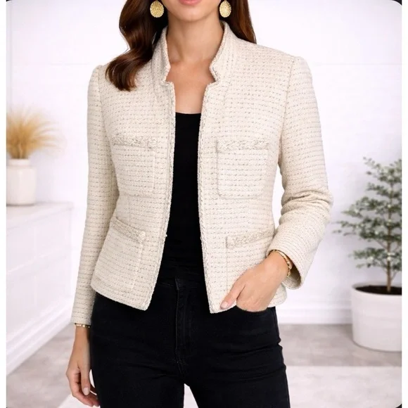 J. CREW Metallic Tweed Lady Jacket Blazer Cream Size 12 Tall - Picture 3 of 14